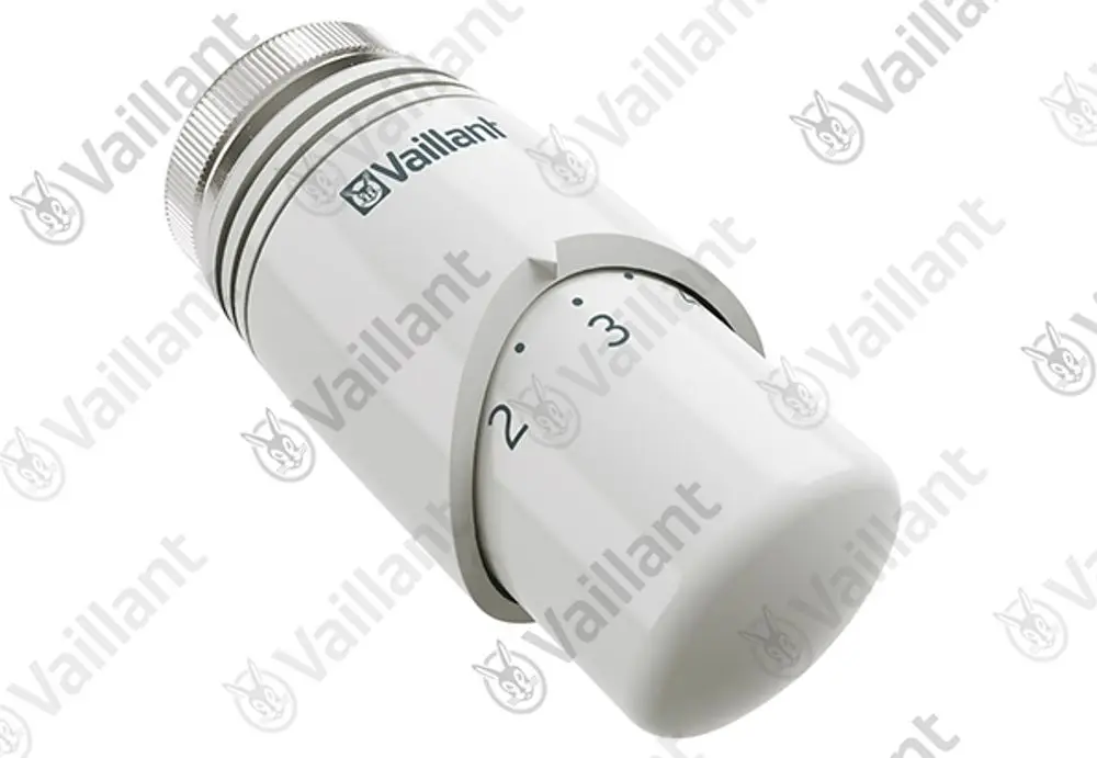 Vaillant Thermostatventilkopf in Weiß mit Drehmechanismus und Skala von 1 bis 3 zur Regelung der Heiztemperatur.
